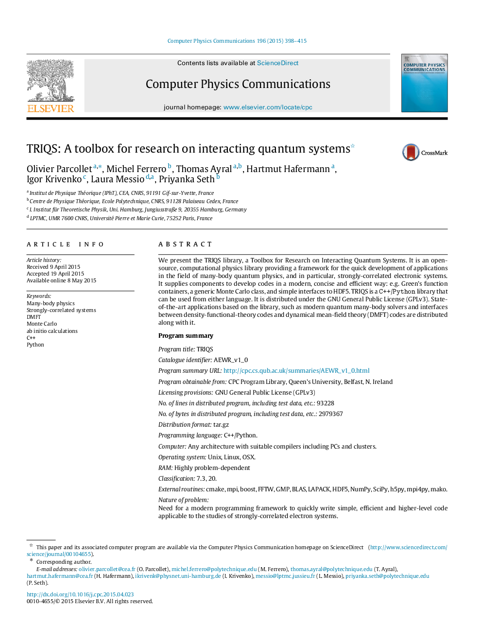 TRIQS: A toolbox for research on interacting quantum systems