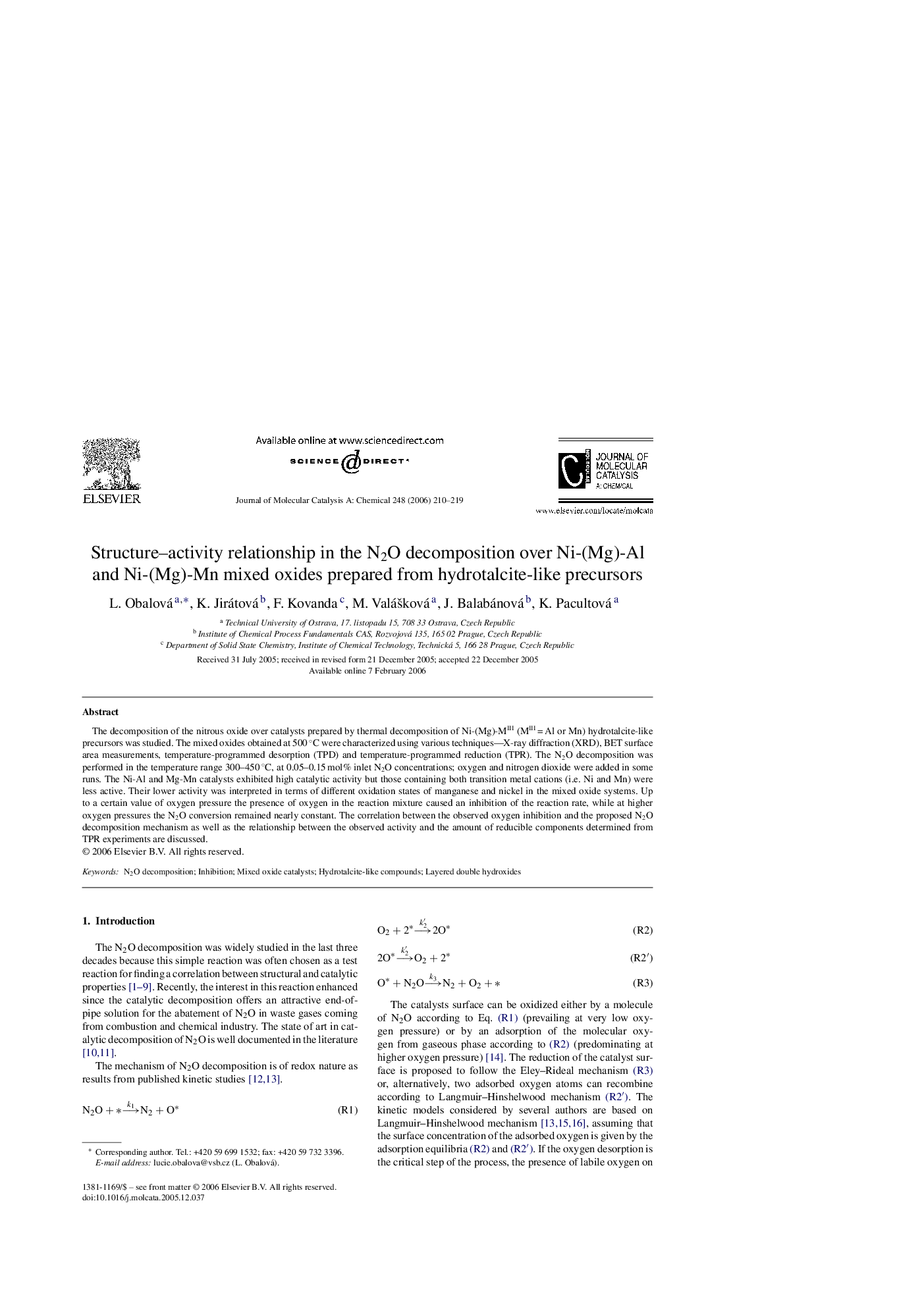 Structure–activity relationship in the N2O decomposition over Ni-(Mg)-Al and Ni-(Mg)-Mn mixed oxides prepared from hydrotalcite-like precursors