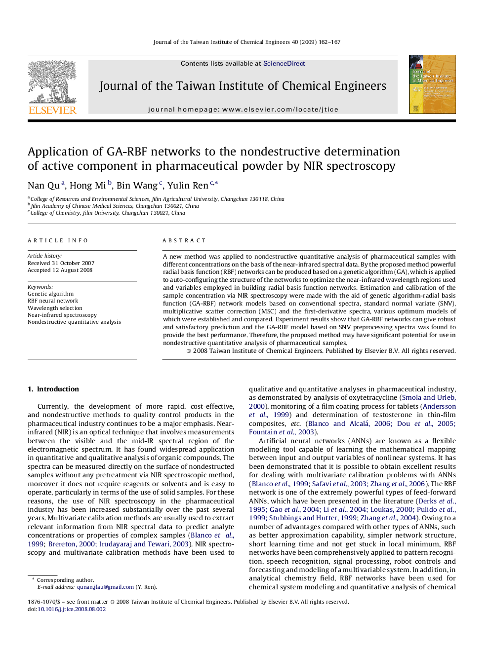 عکس صفحه اول مقاله: Application of GA-RBF networks to the nondestructive determination of active component in pharmaceutical powder by NIR spectroscopy Application of GA-RBF networks to the nondestructive determination of active component in pharmaceutical powder by NIR spectroscopy