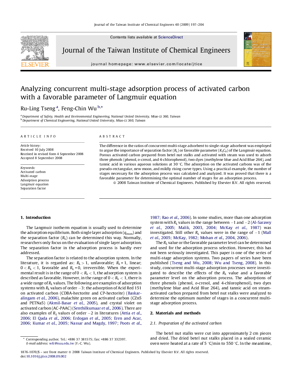 Analyzing concurrent multi-stage adsorption process of activated carbon with a favorable parameter of Langmuir equation