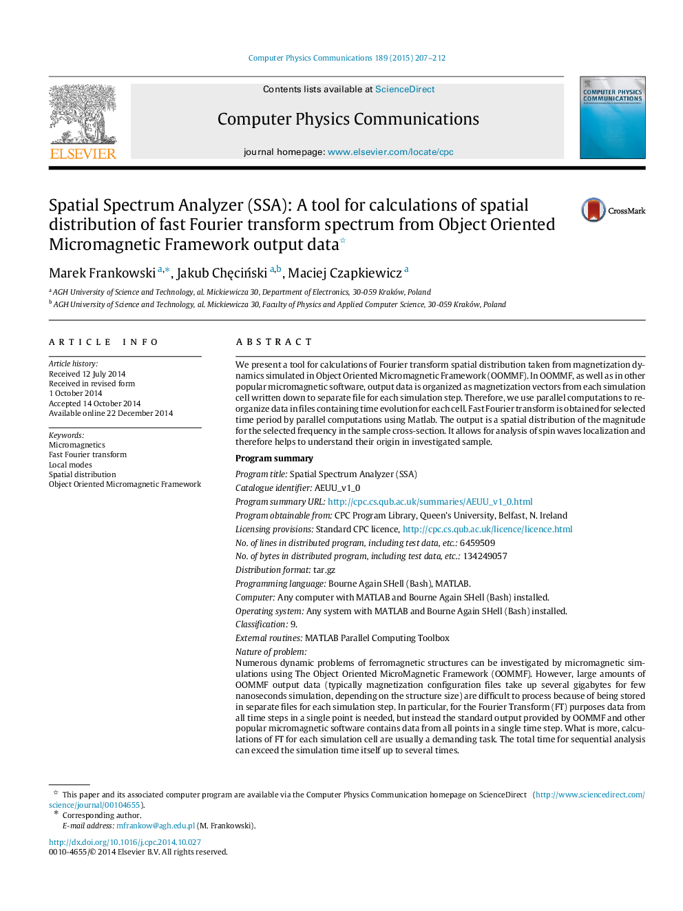 عکس صفحه اول مقاله: Spatial Spectrum Analyzer (SSA): A tool for calculations of spatial distribution of fast Fourier transform spectrum from Object Oriented Micromagnetic Framework output data Spatial Spectrum Analyzer (SSA): A tool for calculations of spatial distribution of fast Fourier transform spectrum from Object Oriented Micromagnetic Framework output data
