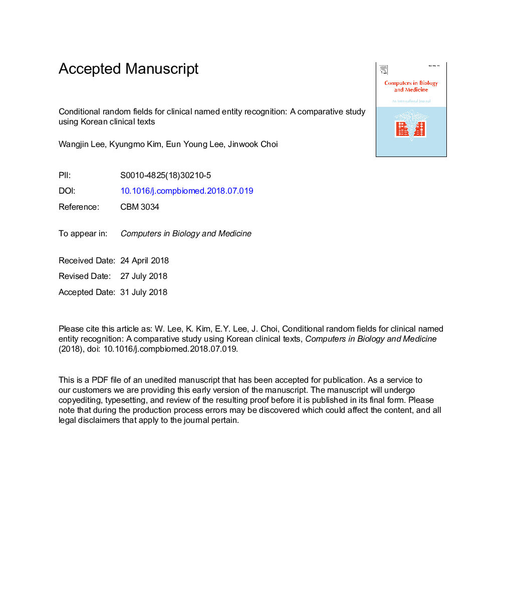 Conditional random fields for clinical named entity recognition: A comparative study using Korean clinical texts