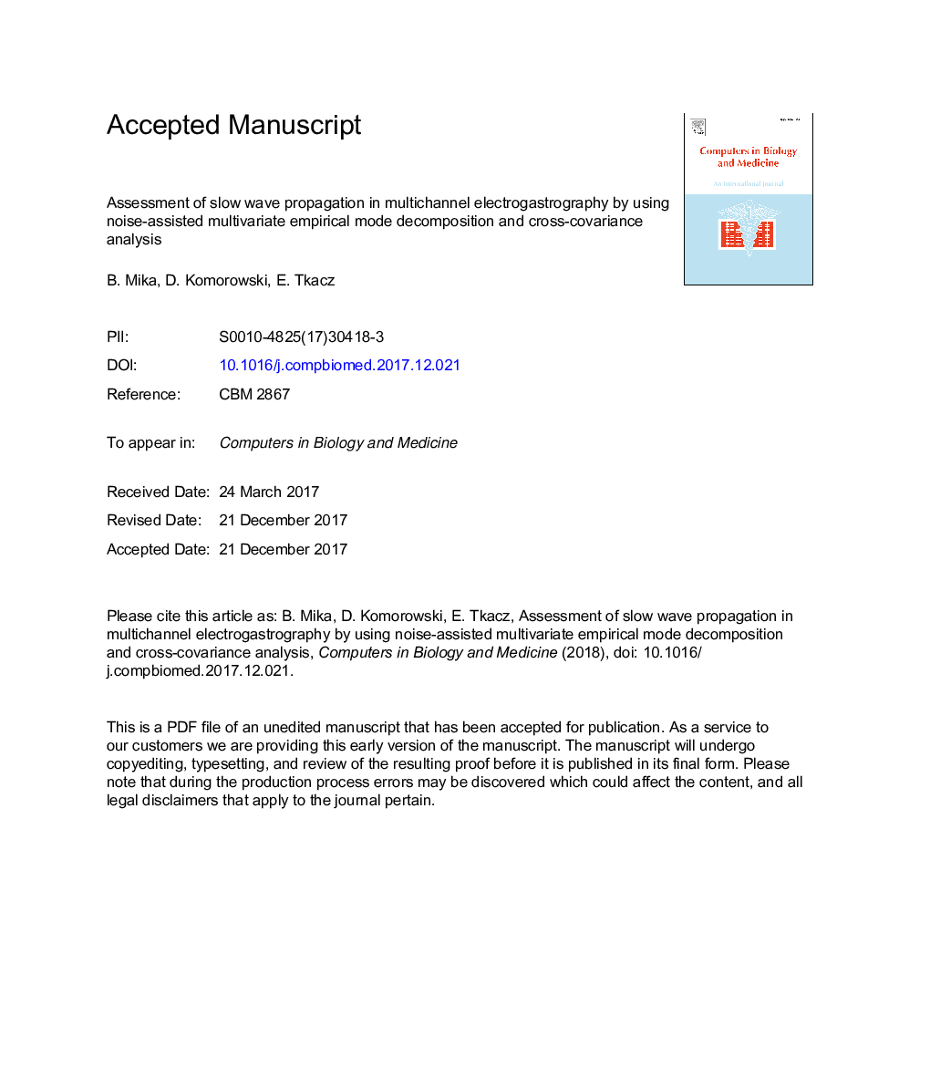 Assessment of slow wave propagation in multichannel electrogastrography by using noise-assisted multivariate empirical mode decomposition and cross-covariance analysis