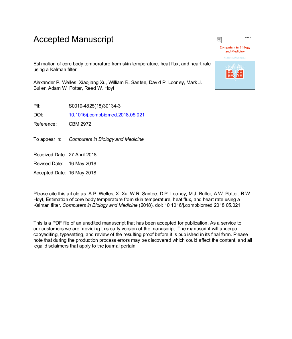 Estimation of core body temperature from skin temperature, heat flux, and heart rate using a Kalman filter