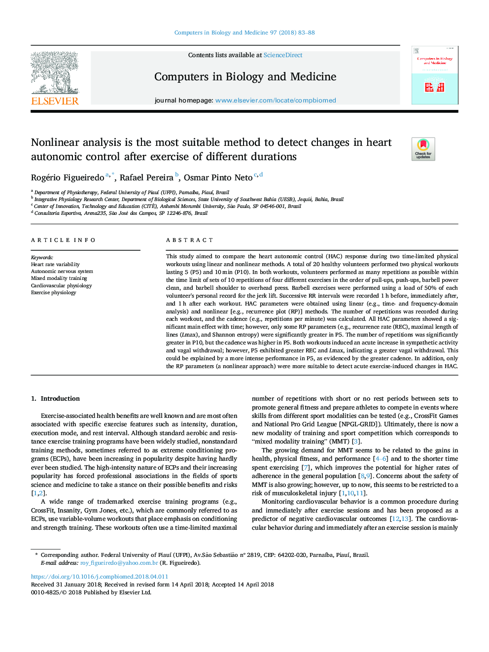 Nonlinear analysis is the most suitable method to detect changes in heart autonomic control after exercise of different durations