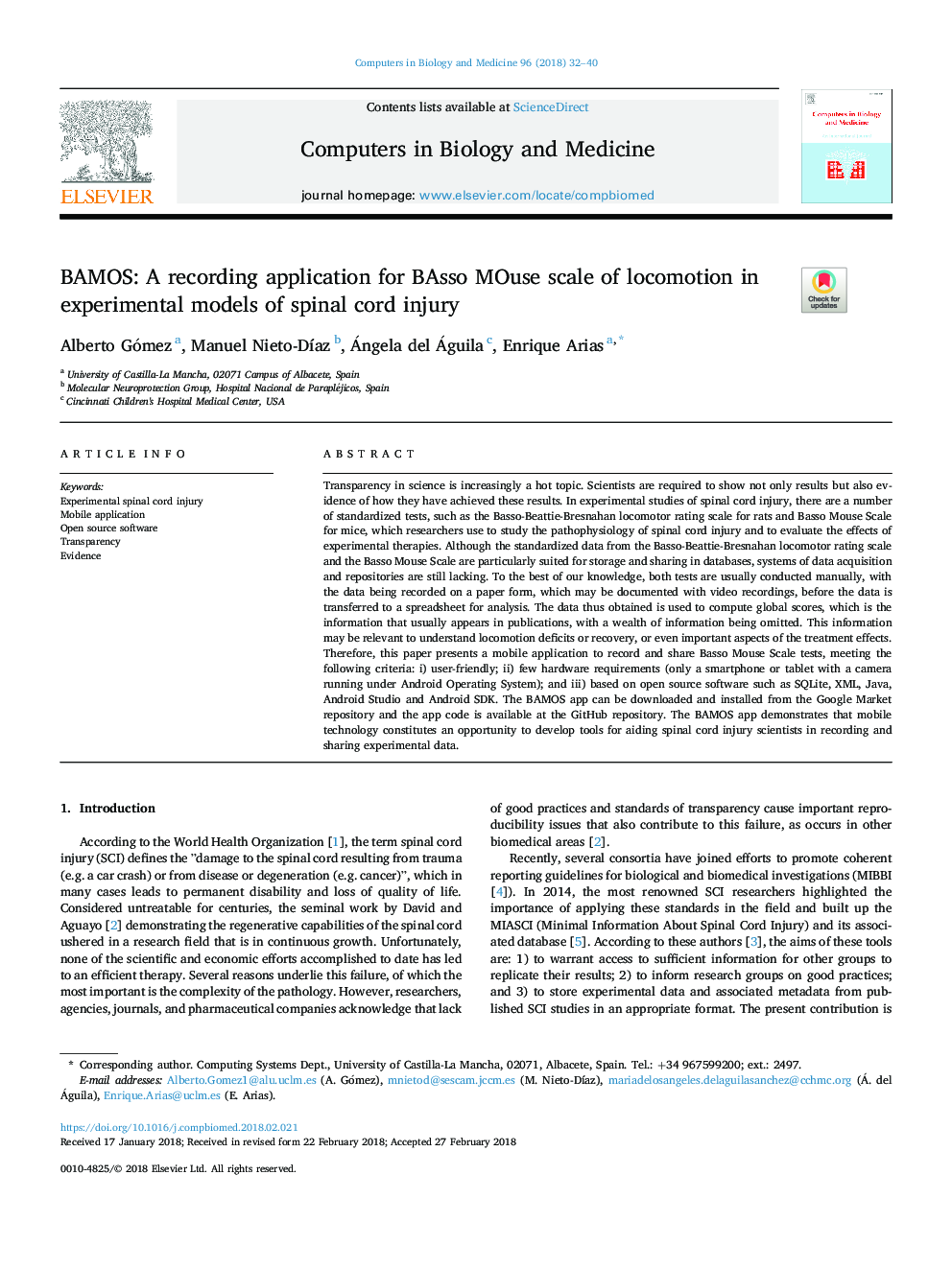 BAMOS: A recording application for BAsso MOuse scale of locomotion in experimental models of spinal cord injury