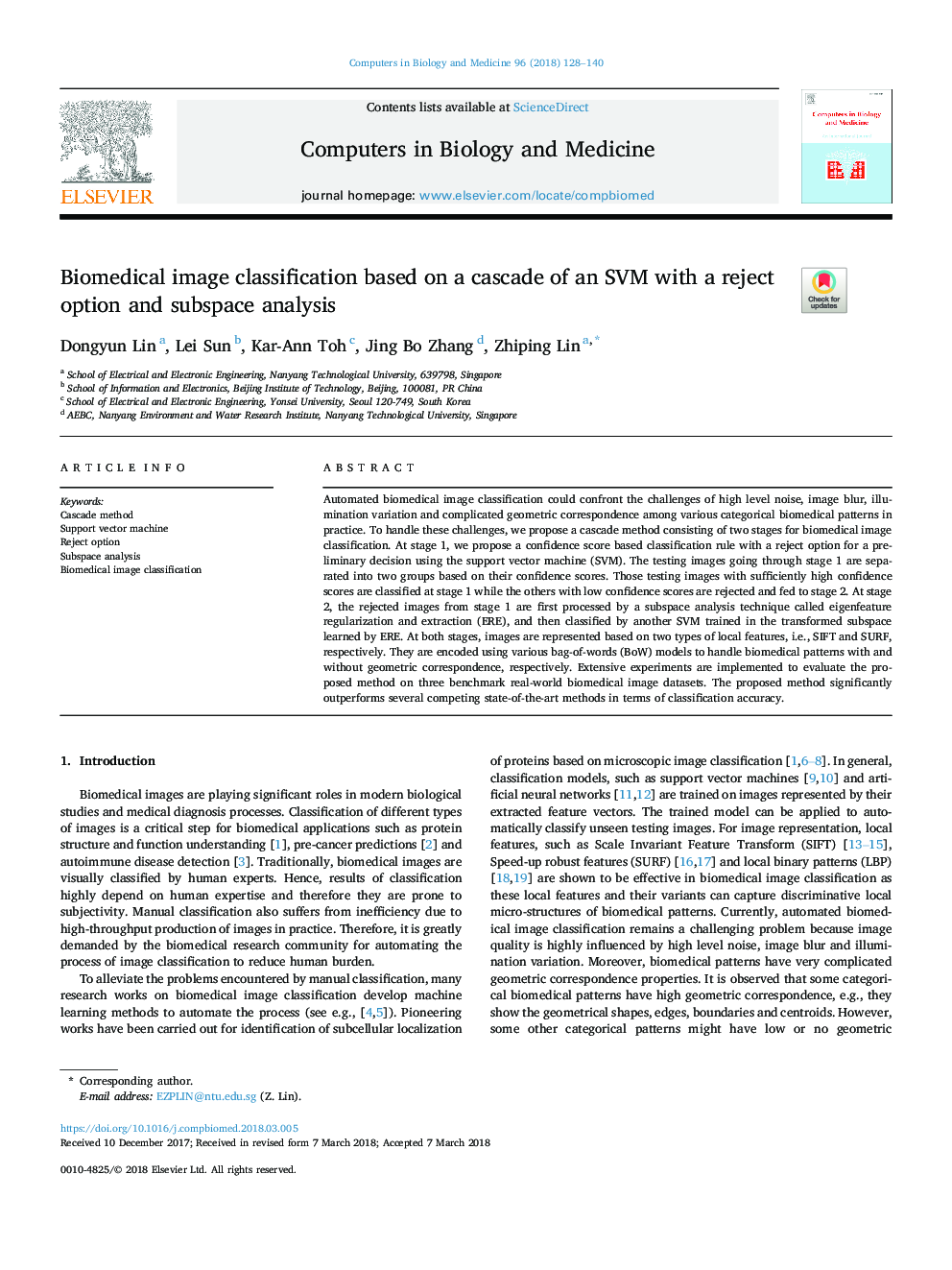 Biomedical image classification based on a cascade of an SVM with a reject option and subspace analysis