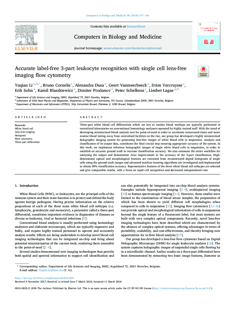 Accurate label-free 3-part leukocyte recognition with single cell lens-free imaging flow cytometry