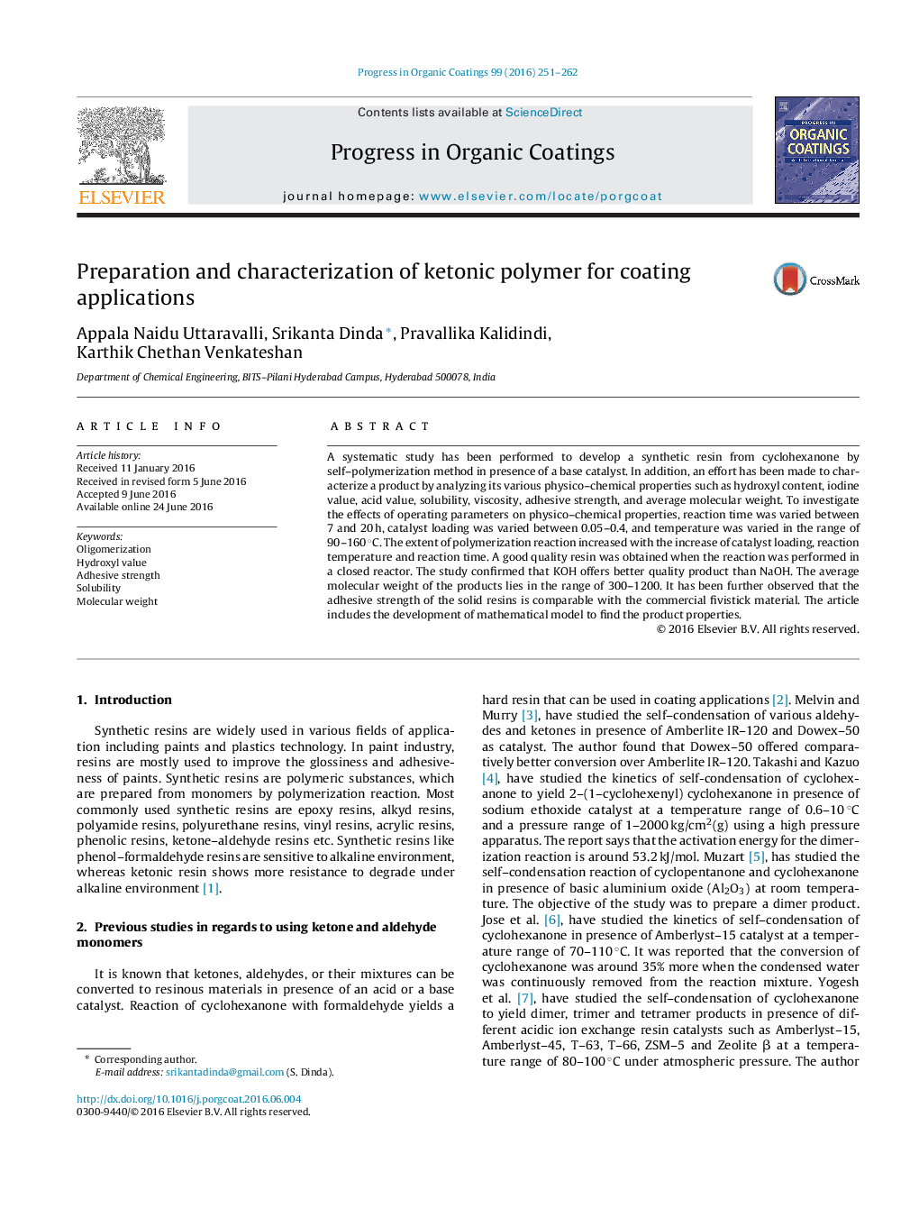 Preparation and characterization of ketonic polymer for coating applications