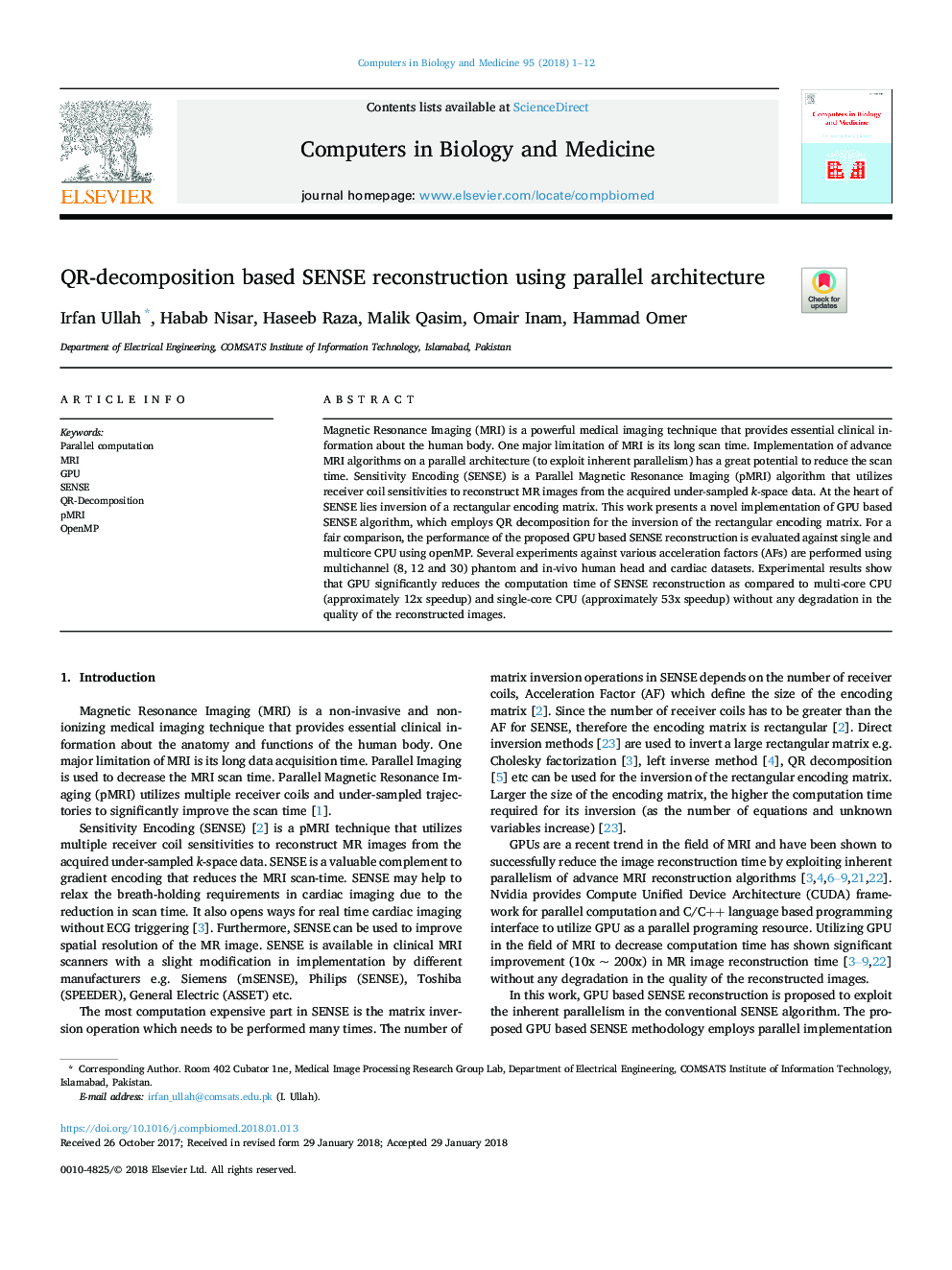 QR-decomposition based SENSE reconstruction using parallel architecture