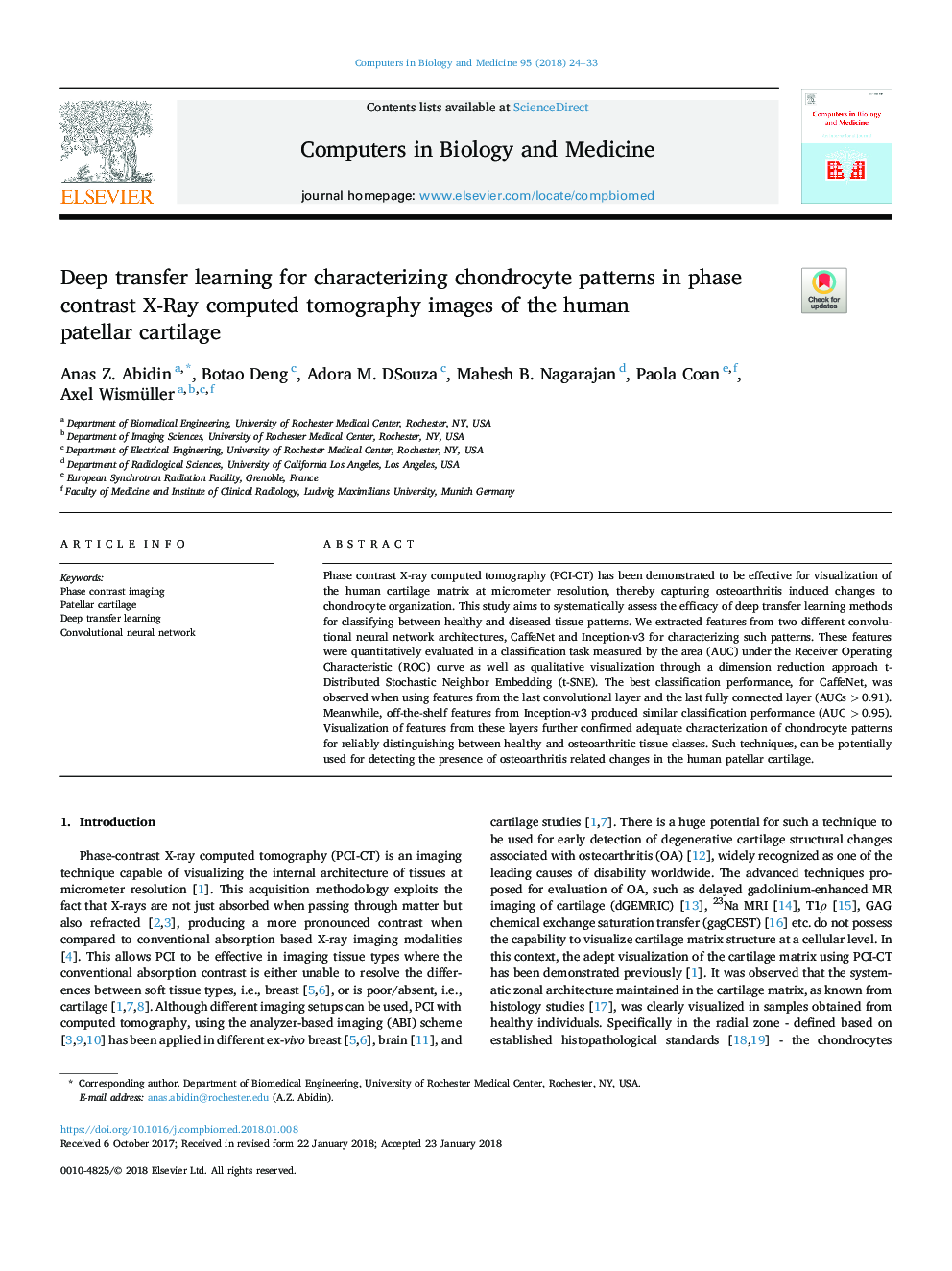 Deep transfer learning for characterizing chondrocyte patterns in phase contrast X-Ray computed tomography images of the human patellar cartilage