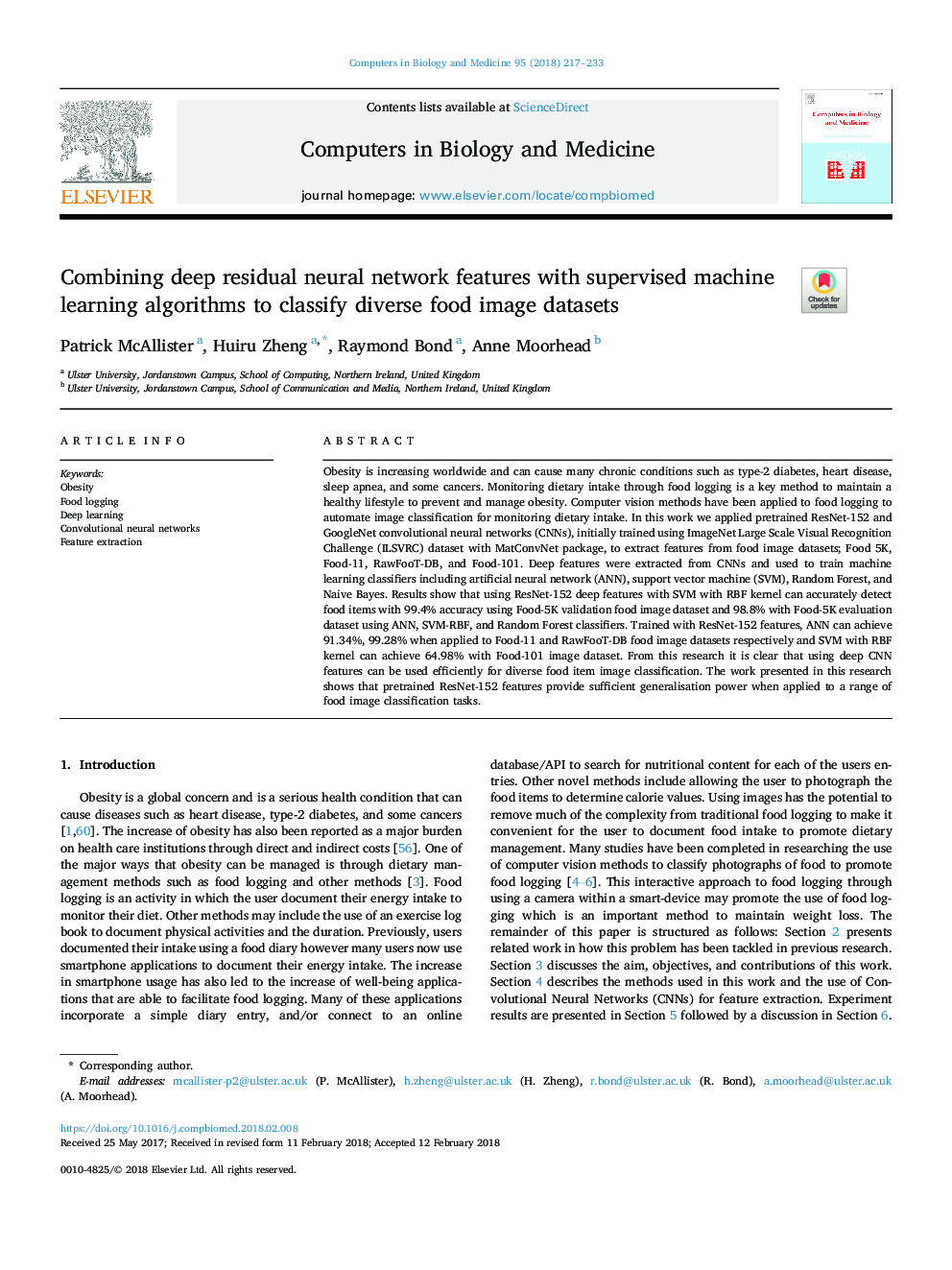 Combining deep residual neural network features with supervised machine learning algorithms to classify diverse food image datasets