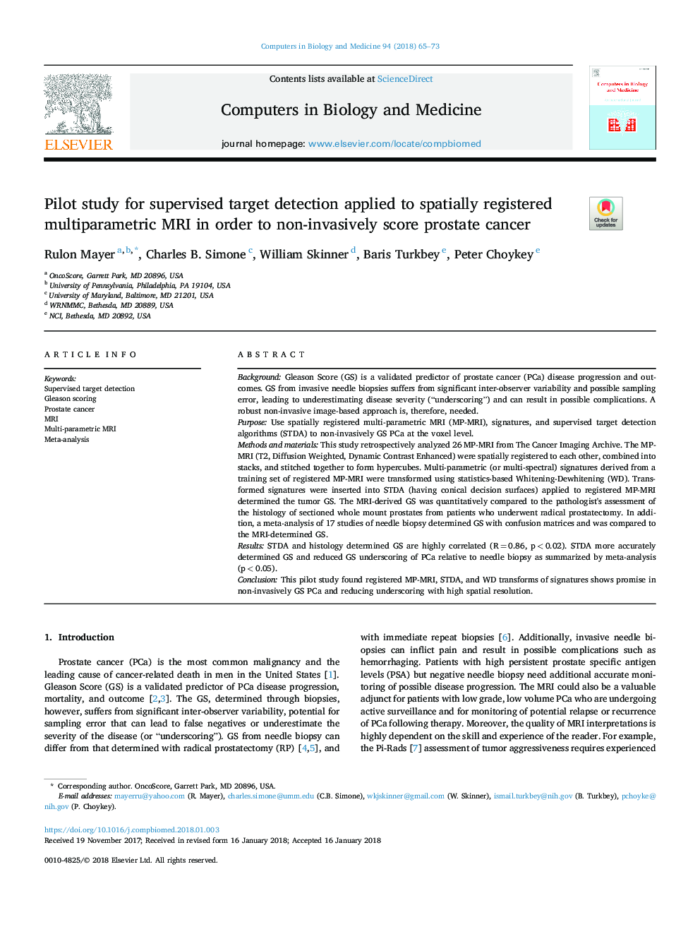 Pilot study for supervised target detection applied to spatially registered multiparametric MRI in order to non-invasively score prostate cancer