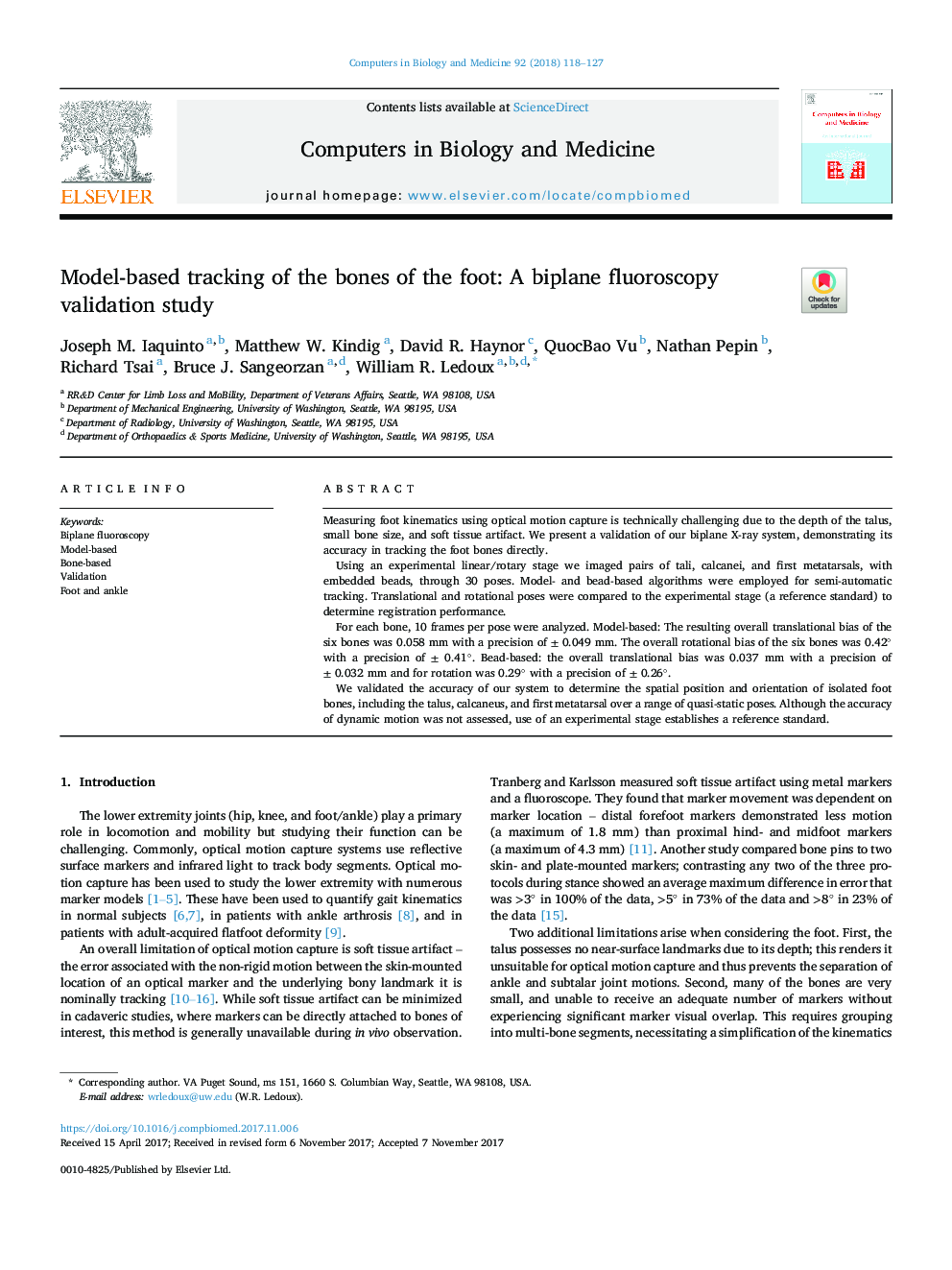 Model-based tracking of the bones of the foot: A biplane fluoroscopy validation study