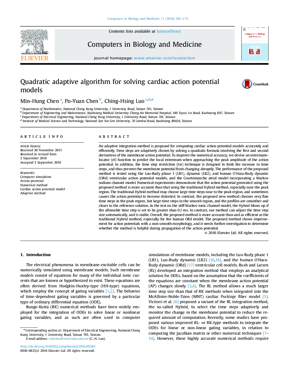 Quadratic adaptive algorithm for solving cardiac action potential models