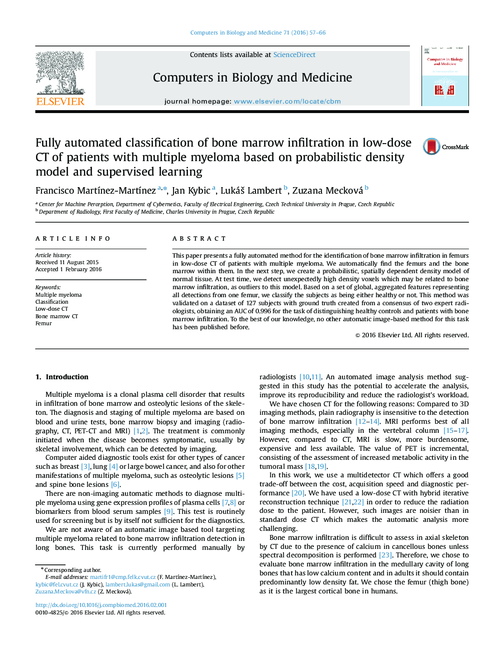 Fully automated classification of bone marrow infiltration in low-dose CT of patients with multiple myeloma based on probabilistic density model and supervised learning