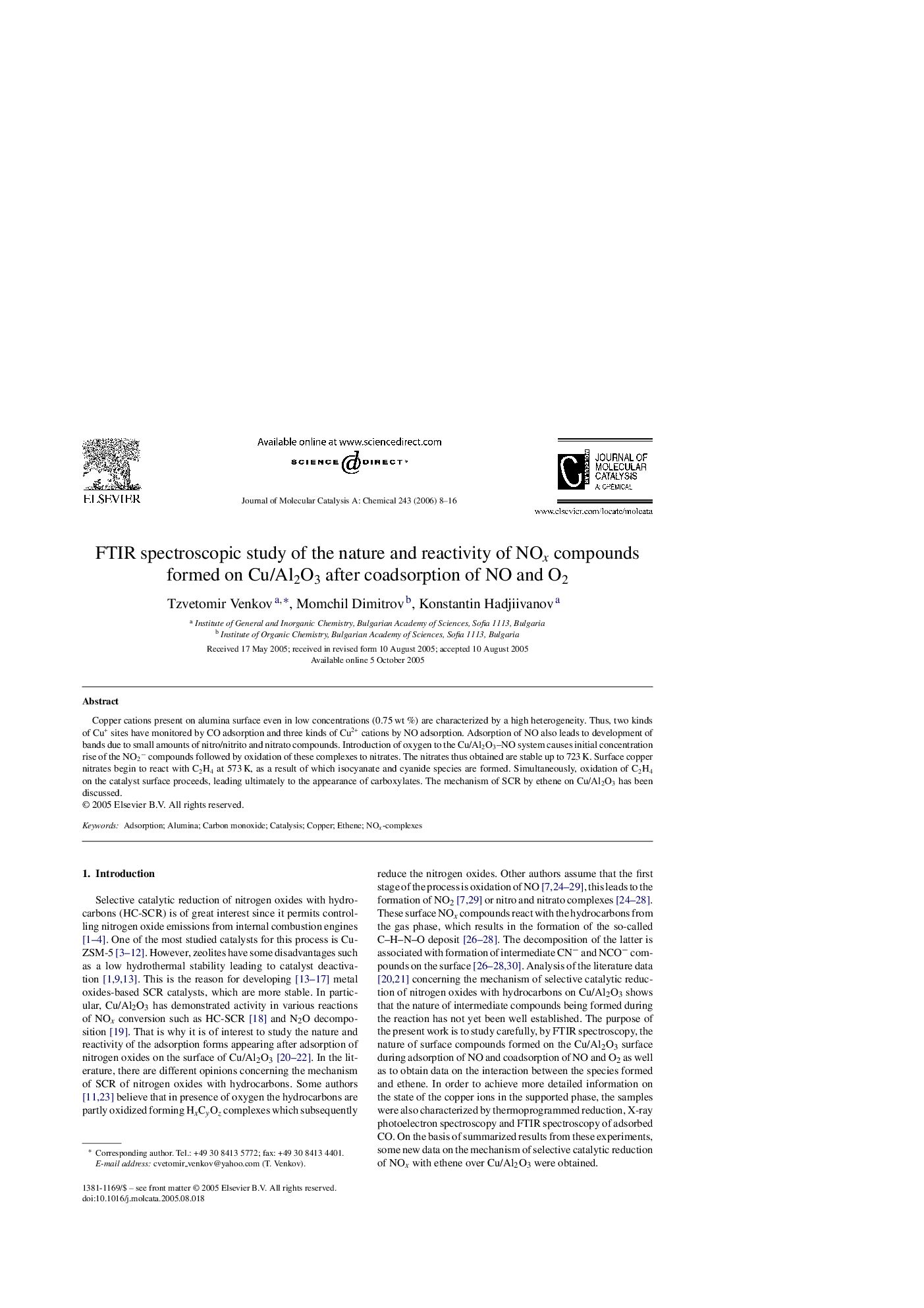 FTIR spectroscopic study of the nature and reactivity of NOx compounds formed on Cu/Al2O3 after coadsorption of NO and O2