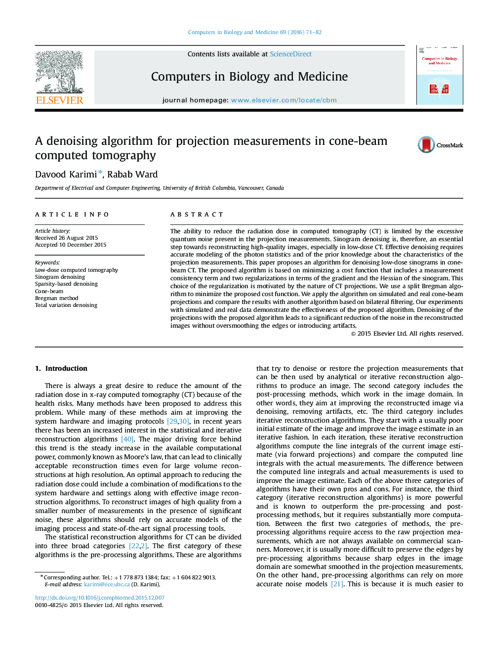 A denoising algorithm for projection measurements in cone-beam computed tomography