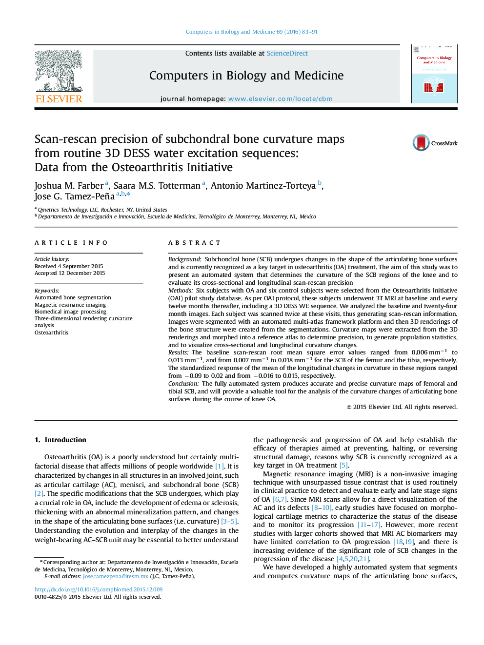 Scan-rescan precision of subchondral bone curvature maps from routine 3D DESS water excitation sequences: Data from the Osteoarthritis Initiative