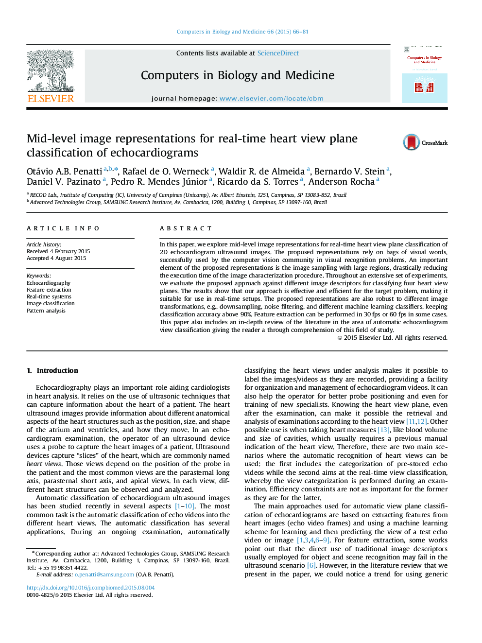 Mid-level image representations for real-time heart view plane classification of echocardiograms