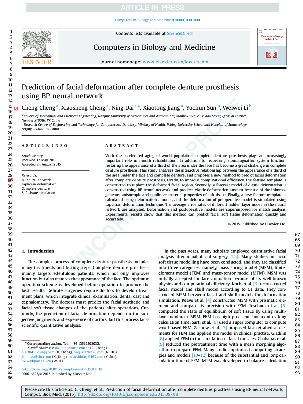 Prediction of facial deformation after complete denture prosthesis using BP neural network