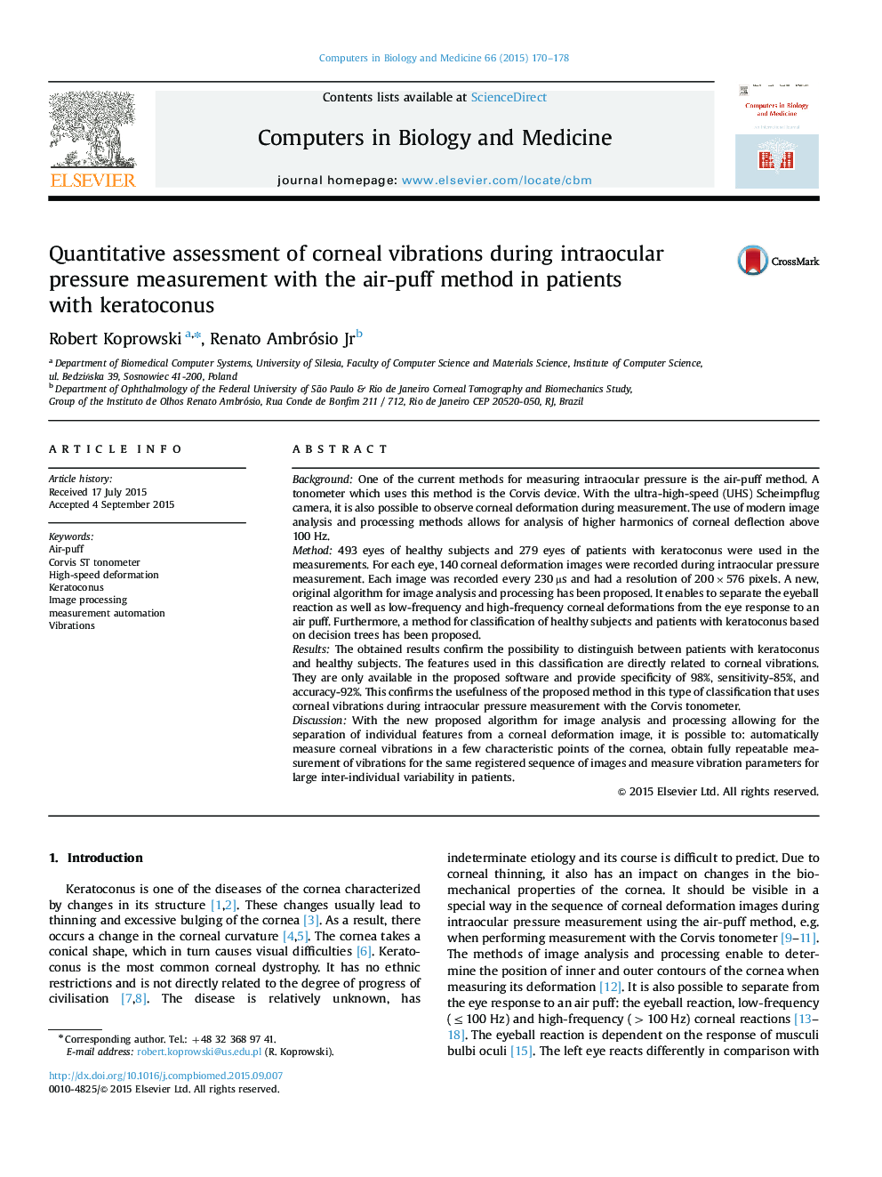 Quantitative assessment of corneal vibrations during intraocular pressure measurement with the air-puff method in patients with keratoconus