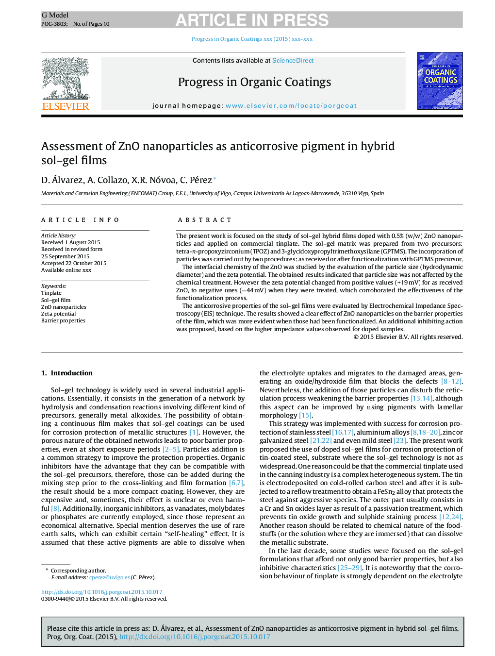 عکس صفحه اول مقاله: Assessment of ZnO nanoparticles as anticorrosive pigment in hybrid sol-gel films Assessment of ZnO nanoparticles as anticorrosive pigment in hybrid sol-gel films