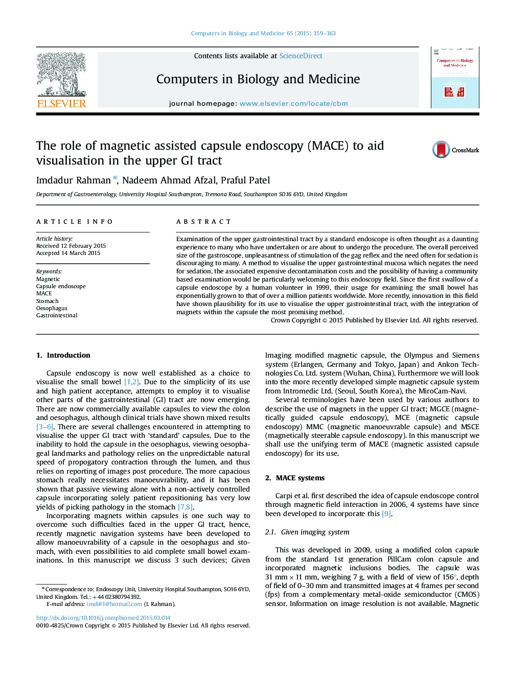 The role of magnetic assisted capsule endoscopy (MACE) to aid visualisation in the upper GI tract