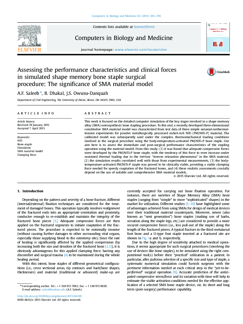 Assessing the performance characteristics and clinical forces in simulated shape memory bone staple surgical procedure: The significance of SMA material model