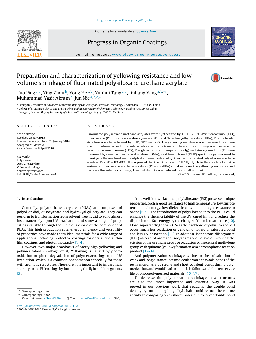 Preparation and characterization of yellowing resistance and low volume shrinkage of fluorinated polysiloxane urethane acrylate