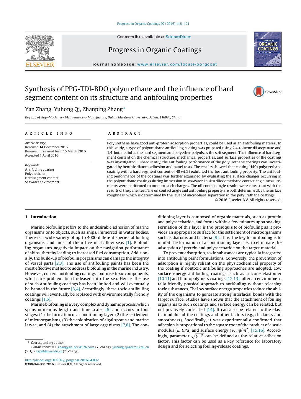 Synthesis of PPG-TDI-BDO polyurethane and the influence of hard segment content on its structure and antifouling properties