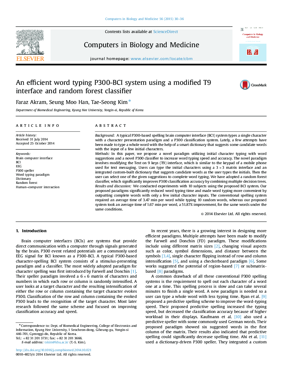 An efficient word typing P300-BCI system using a modified T9 interface and random forest classifier