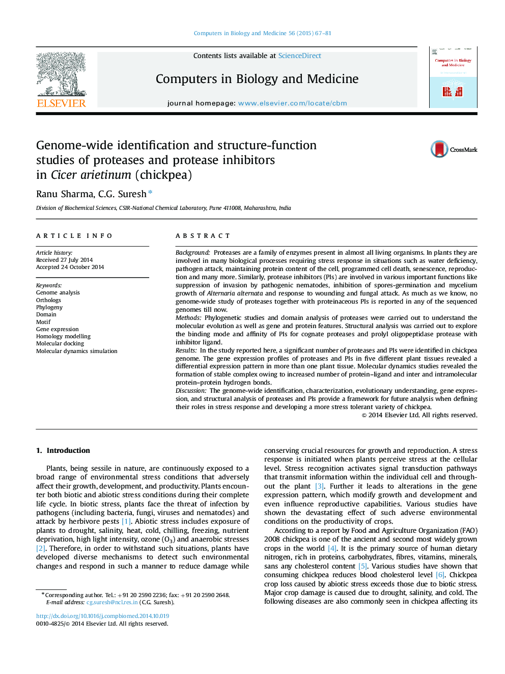 Genome-wide identification and structure-function studies of proteases and protease inhibitors in Cicer arietinum (chickpea)