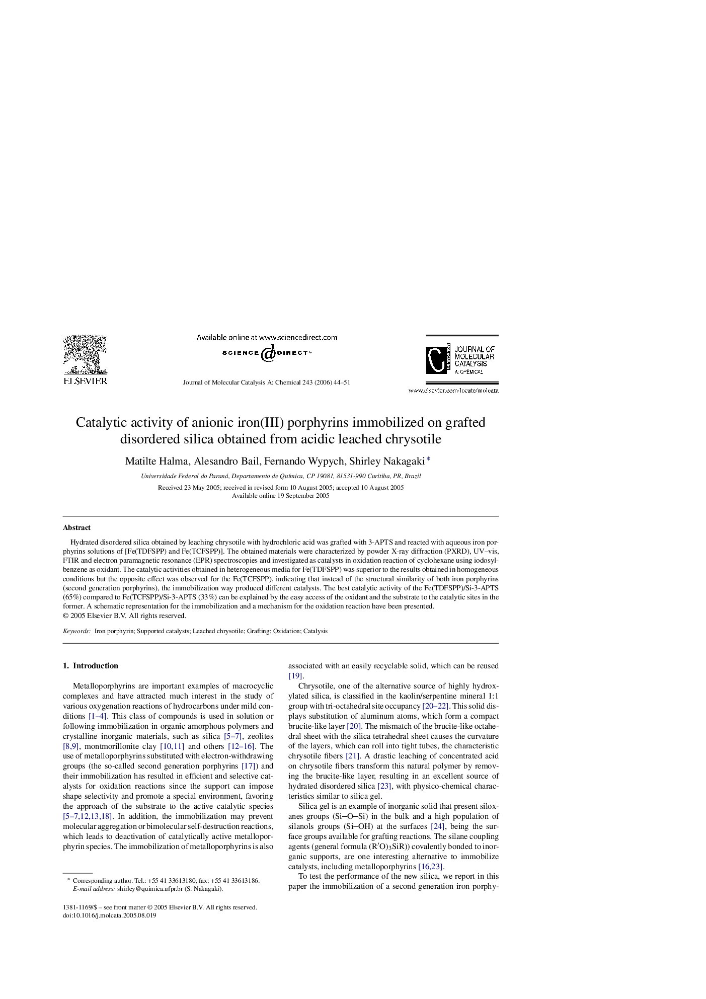 Catalytic activity of anionic iron(III) porphyrins immobilized on grafted disordered silica obtained from acidic leached chrysotile