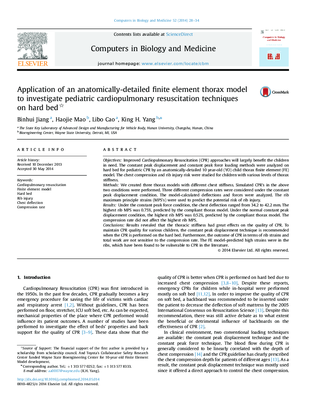 Application of an anatomically-detailed finite element thorax model to investigate pediatric cardiopulmonary resuscitation techniques on hard bed