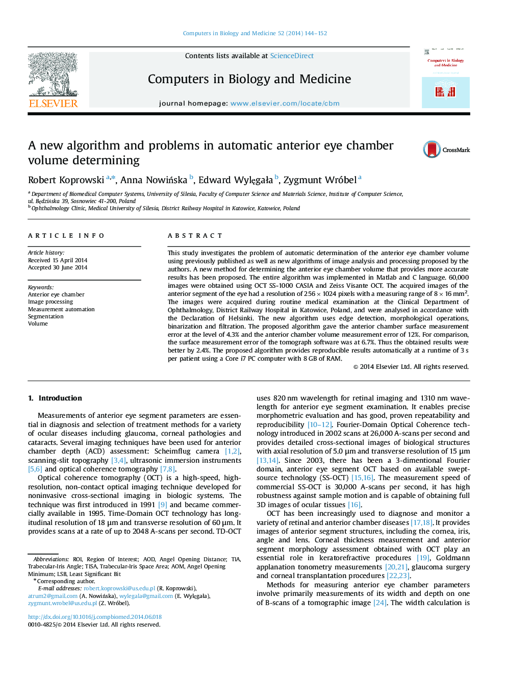 A new algorithm and problems in automatic anterior eye chamber volume determining