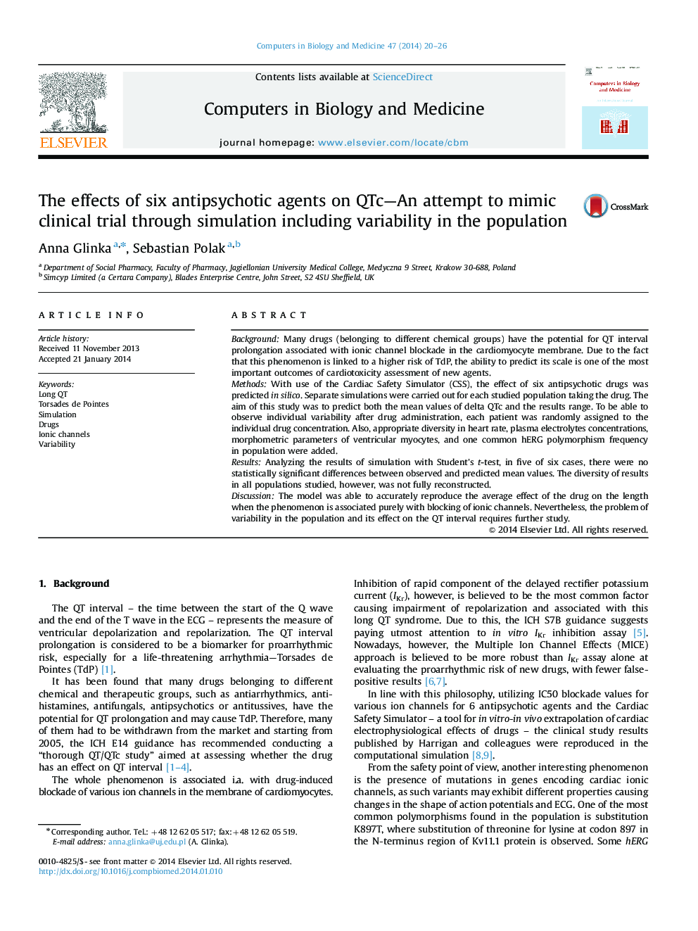 The effects of six antipsychotic agents on QTc-An attempt to mimic clinical trial through simulation including variability in the population