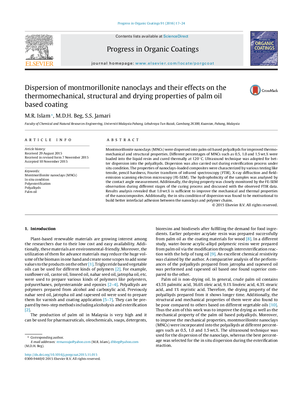 Dispersion of montmorillonite nanoclays and their effects on the thermomechanical, structural and drying properties of palm oil based coating