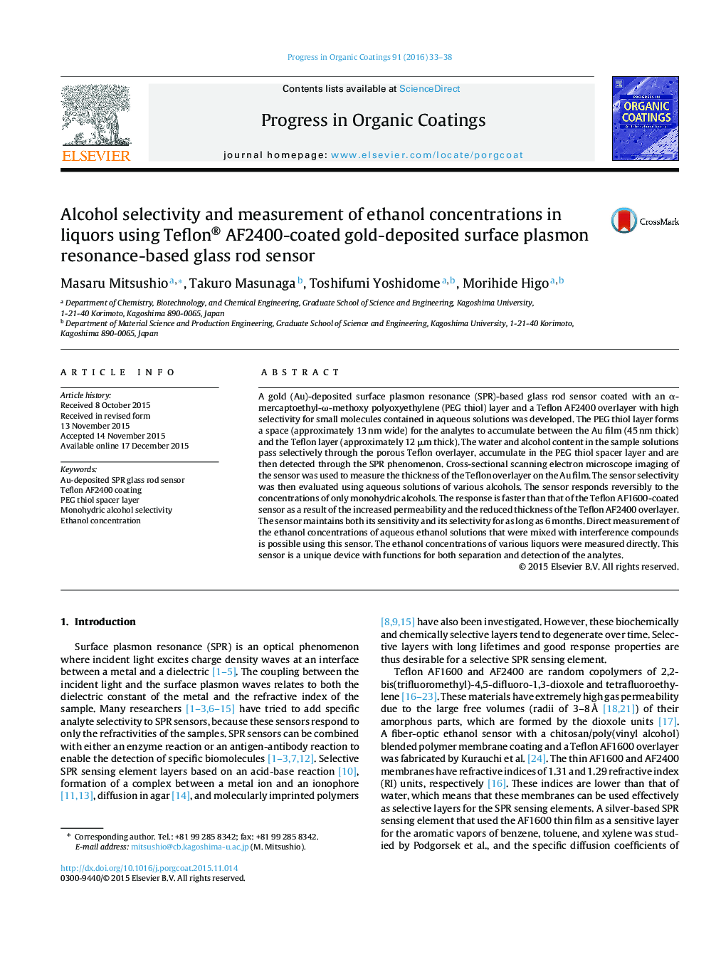 Alcohol selectivity and measurement of ethanol concentrations in liquors using Teflon® AF2400-coated gold-deposited surface plasmon resonance-based glass rod sensor