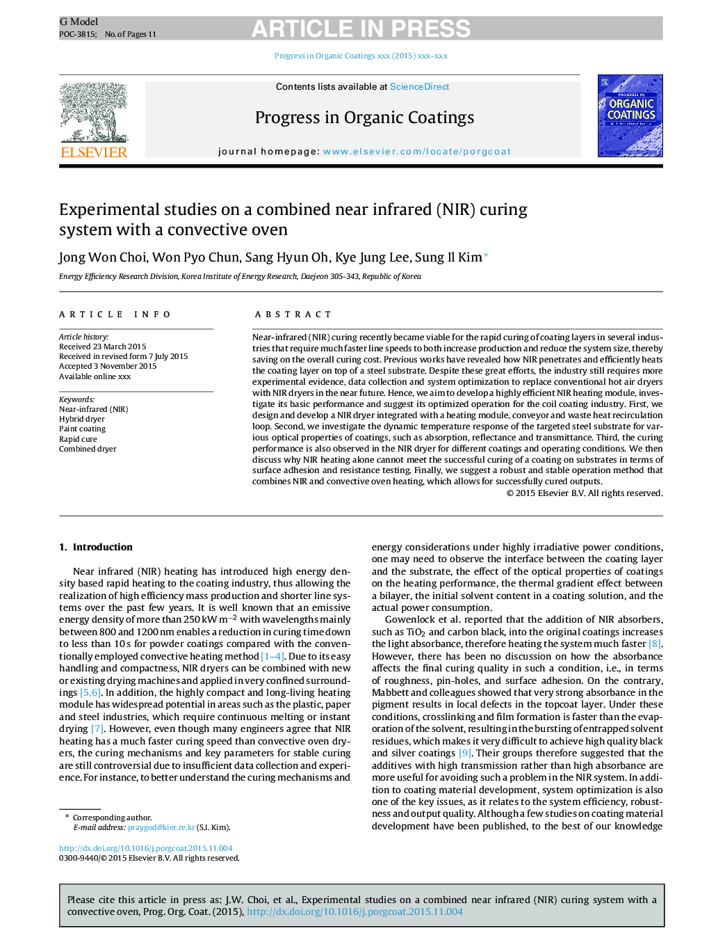 Experimental studies on a combined near infrared (NIR) curing system with a convective oven