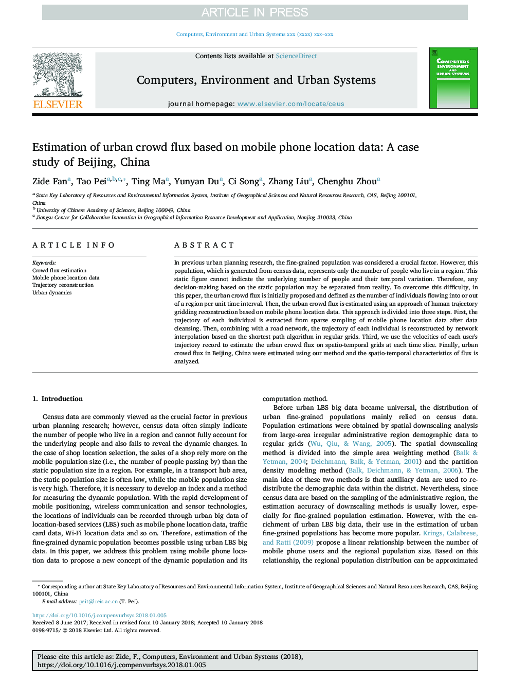 Estimation of urban crowd flux based on mobile phone location data: A case study of Beijing, China