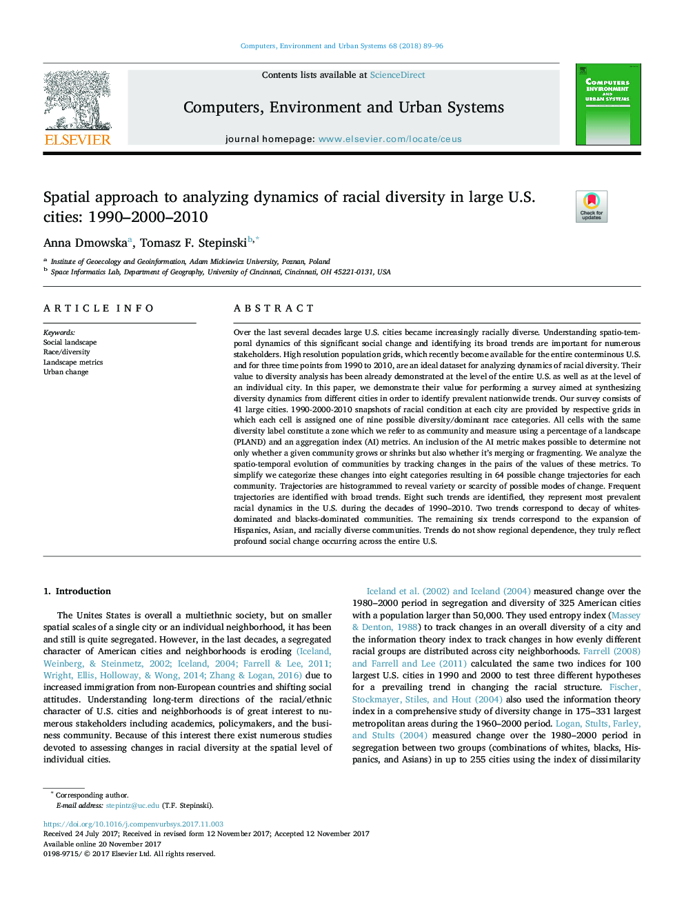 Spatial approach to analyzing dynamics of racial diversity in large U.S. cities: 1990-2000-2010