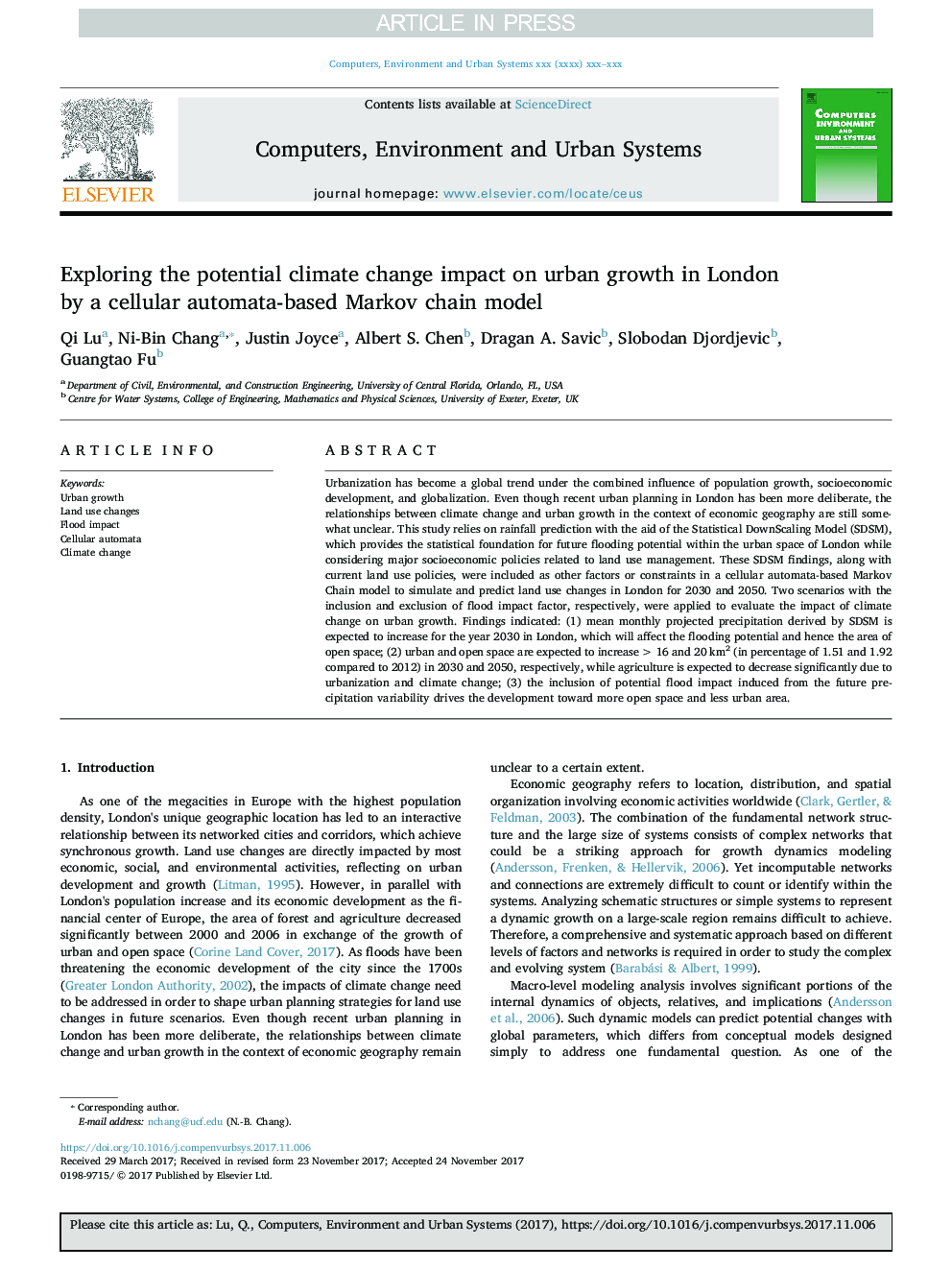 Exploring the potential climate change impact on urban growth in London by a cellular automata-based Markov chain model