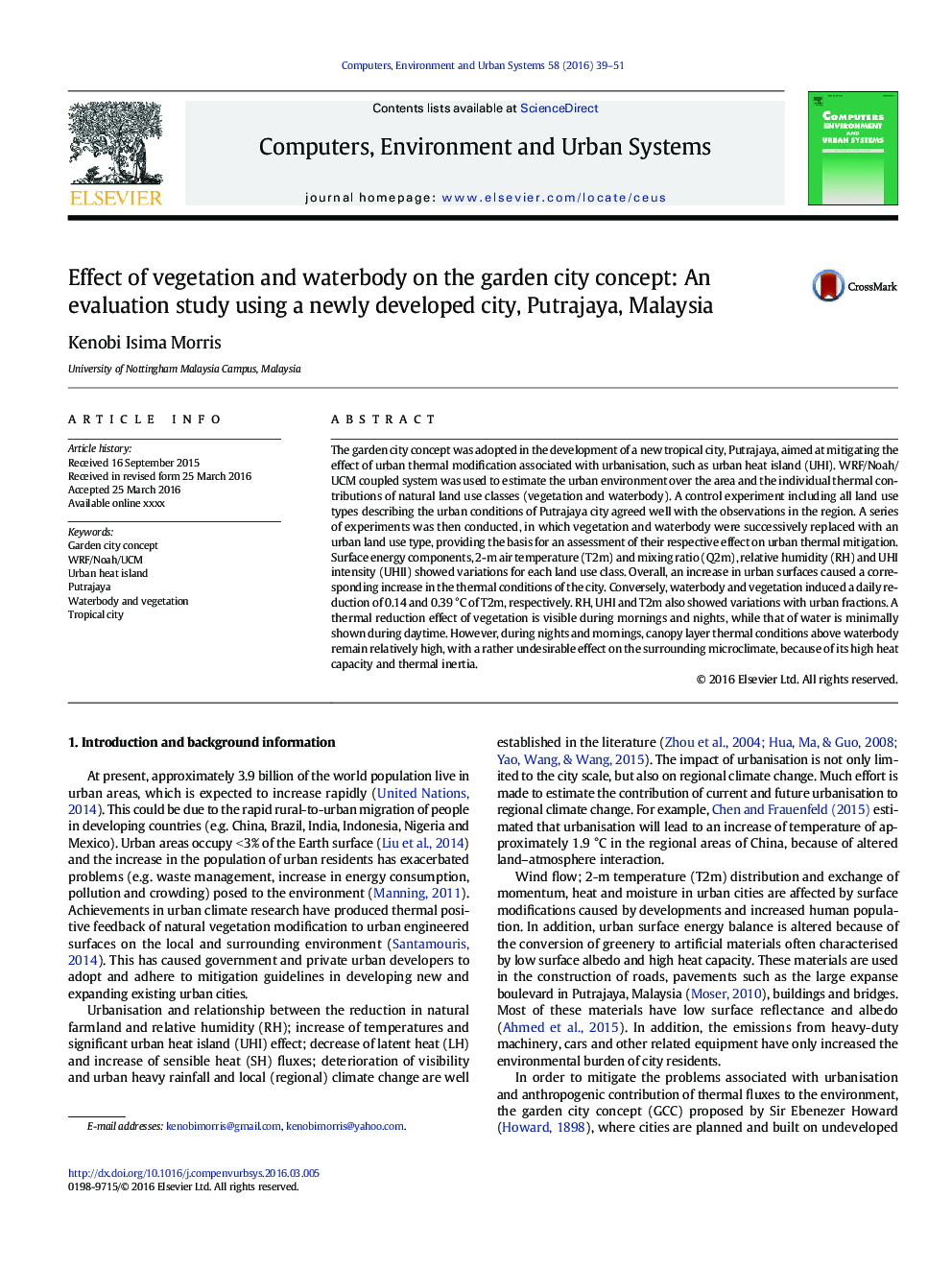 Effect of vegetation and waterbody on the garden city concept: An evaluation study using a newly developed city, Putrajaya, Malaysia