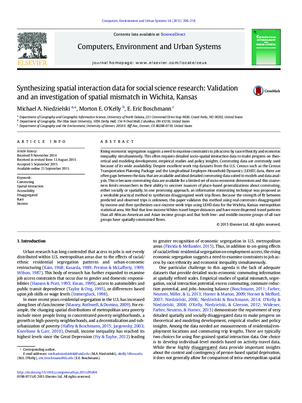 Synthesizing spatial interaction data for social science research: Validation and an investigation of spatial mismatch in Wichita, Kansas