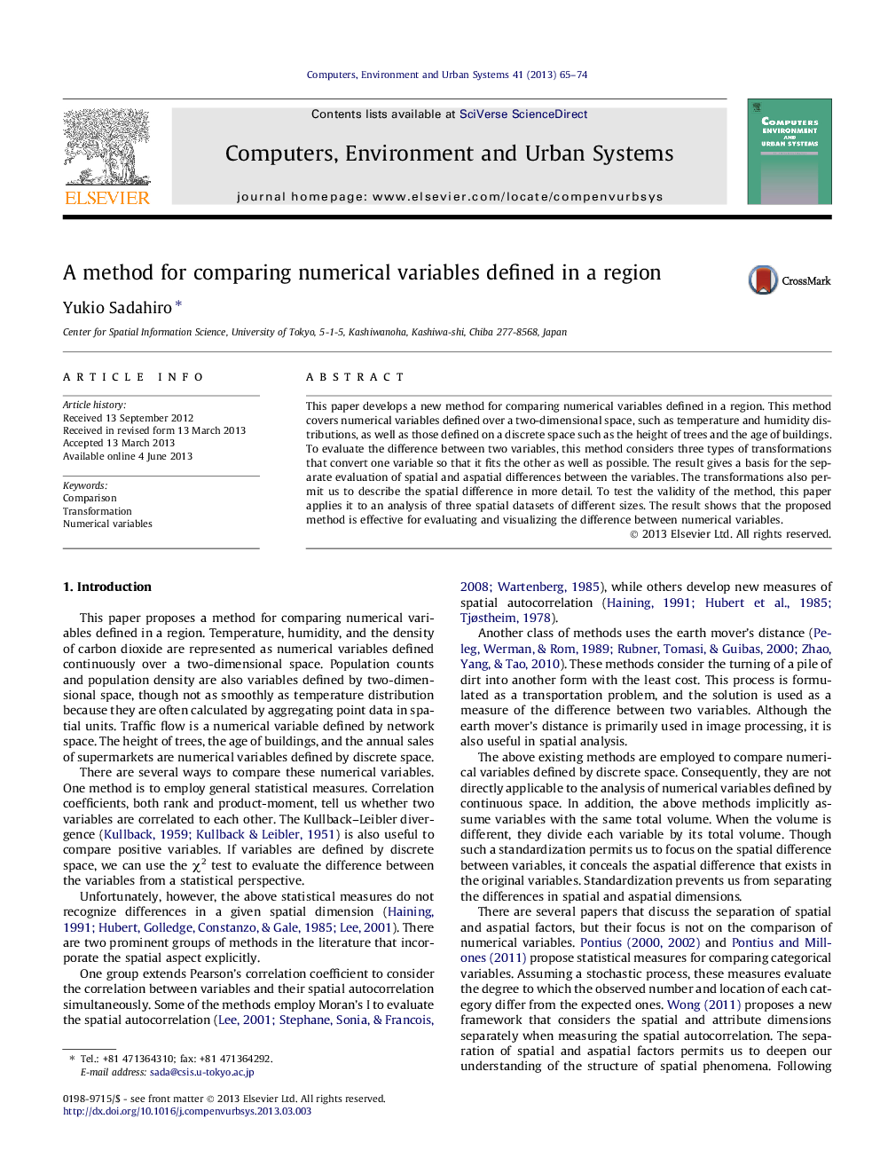 A method for comparing numerical variables defined in a region