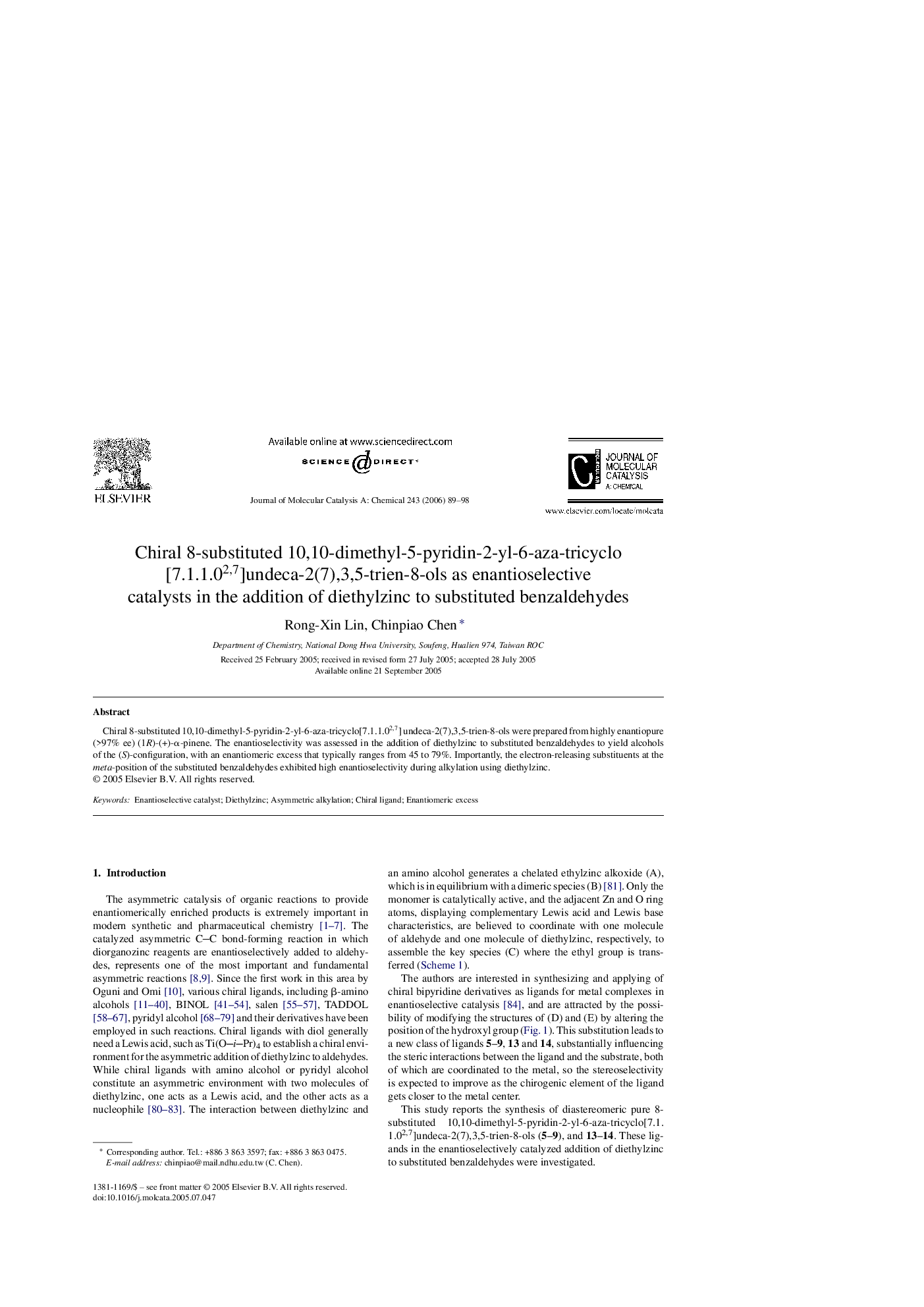 Chiral 8-substituted 10,10-dimethyl-5-pyridin-2-yl-6-aza-tricyclo[7.1.1.02,7]undeca-2(7),3,5-trien-8-ols as enantioselective catalysts in the addition of diethylzinc to substituted benzaldehydes