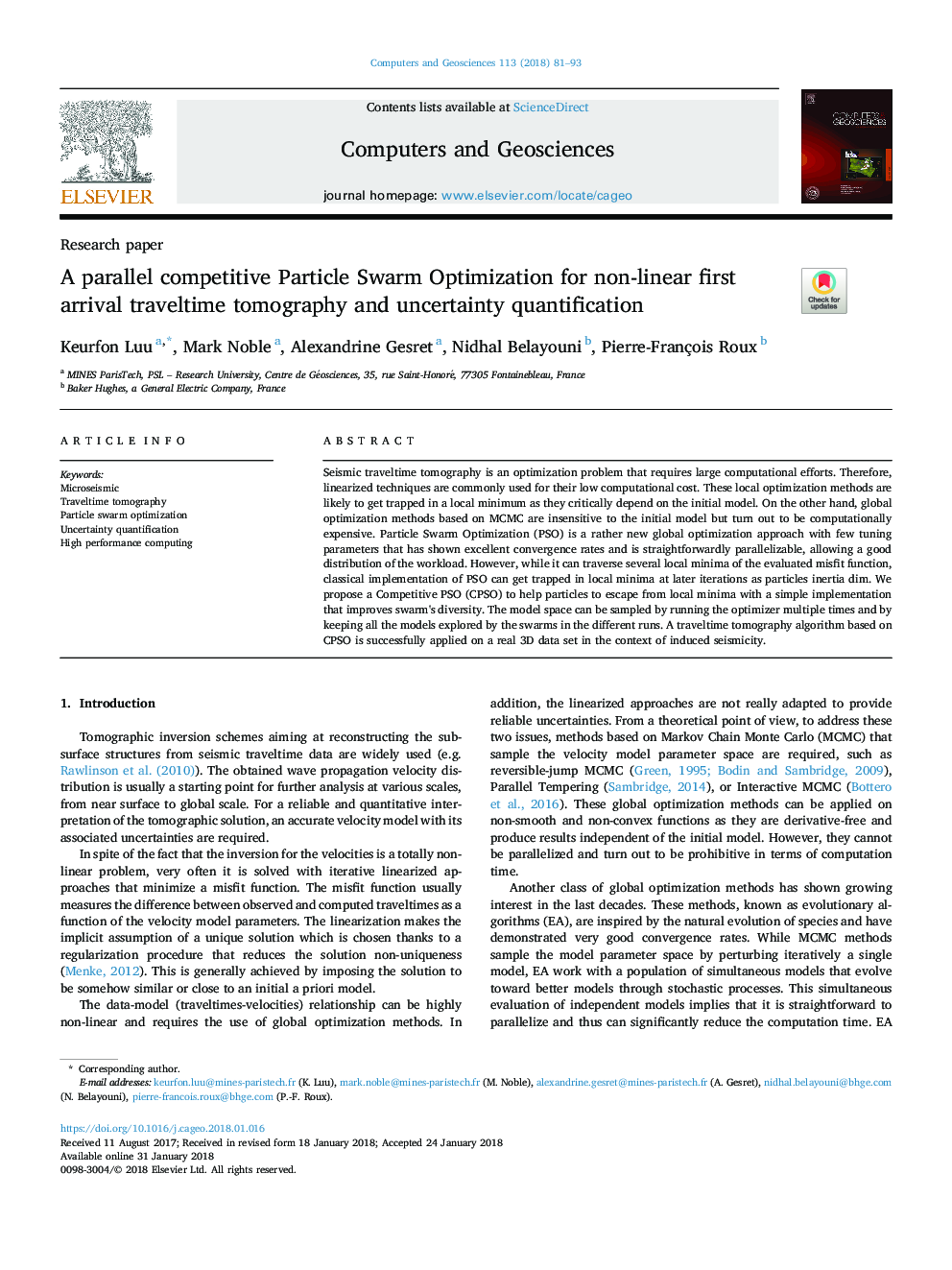 A parallel competitive Particle Swarm Optimization for non-linear first arrival traveltime tomography and uncertainty quantification