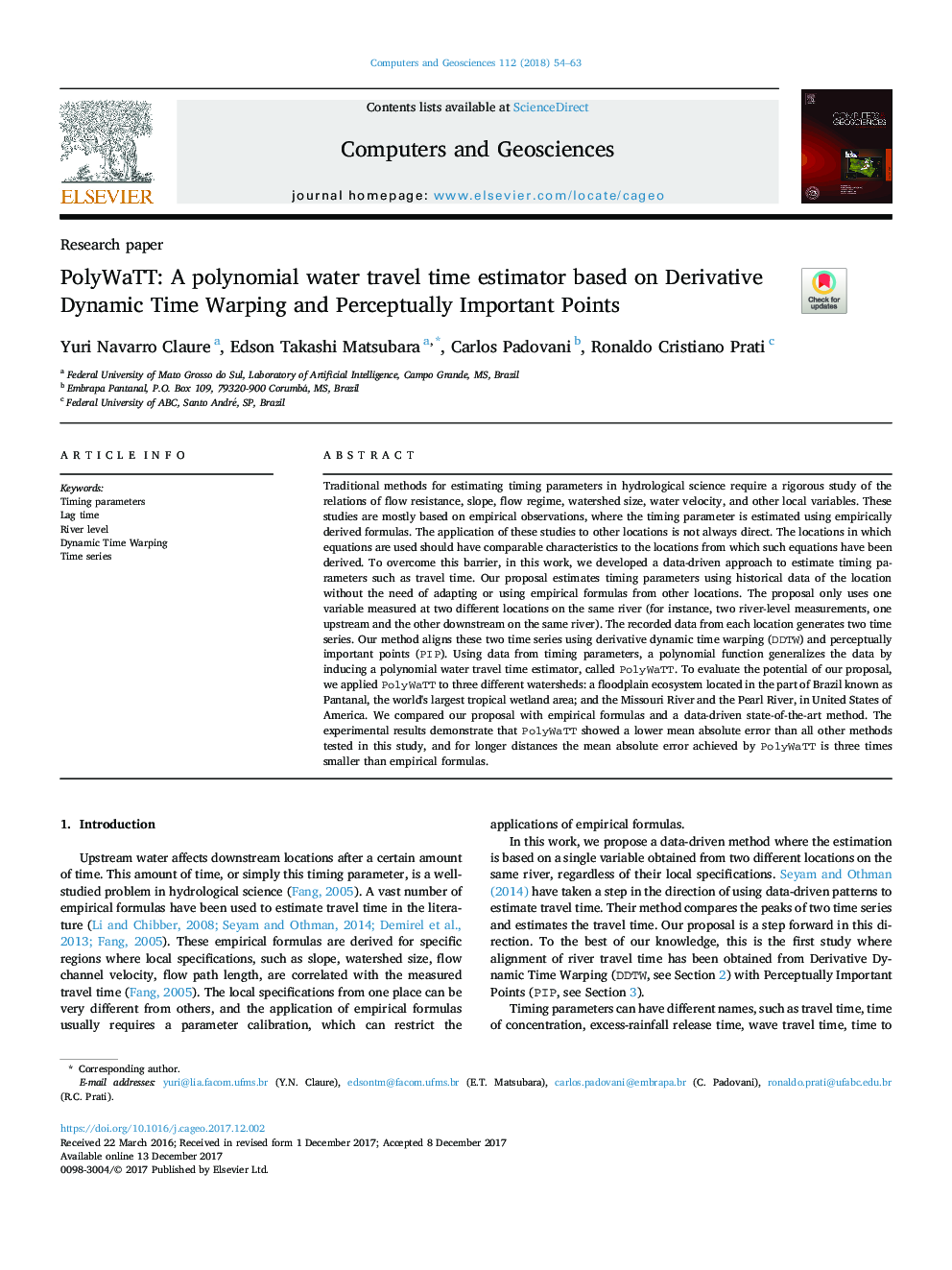 عکس صفحه اول مقاله: PolyWaTT: A polynomial water travel time estimator based on Derivative Dynamic Time Warping and Perceptually Important Points PolyWaTT: A polynomial water travel time estimator based on Derivative Dynamic Time Warping and Perceptually Important Points