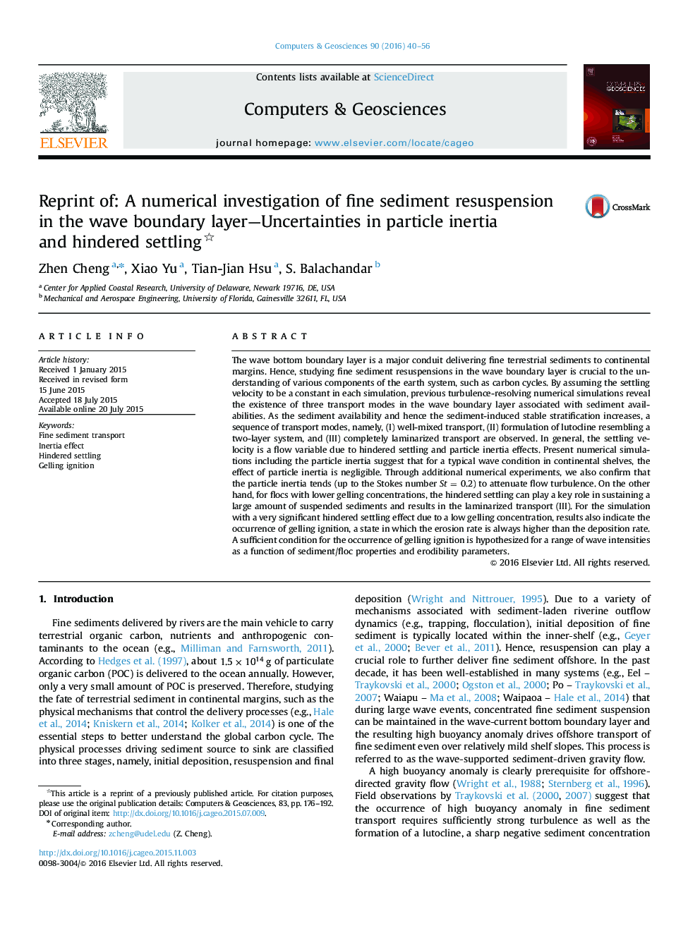 Reprint of: A numerical investigation of fine sediment resuspension in the wave boundary layer-Uncertainties in particle inertia and hindered settling